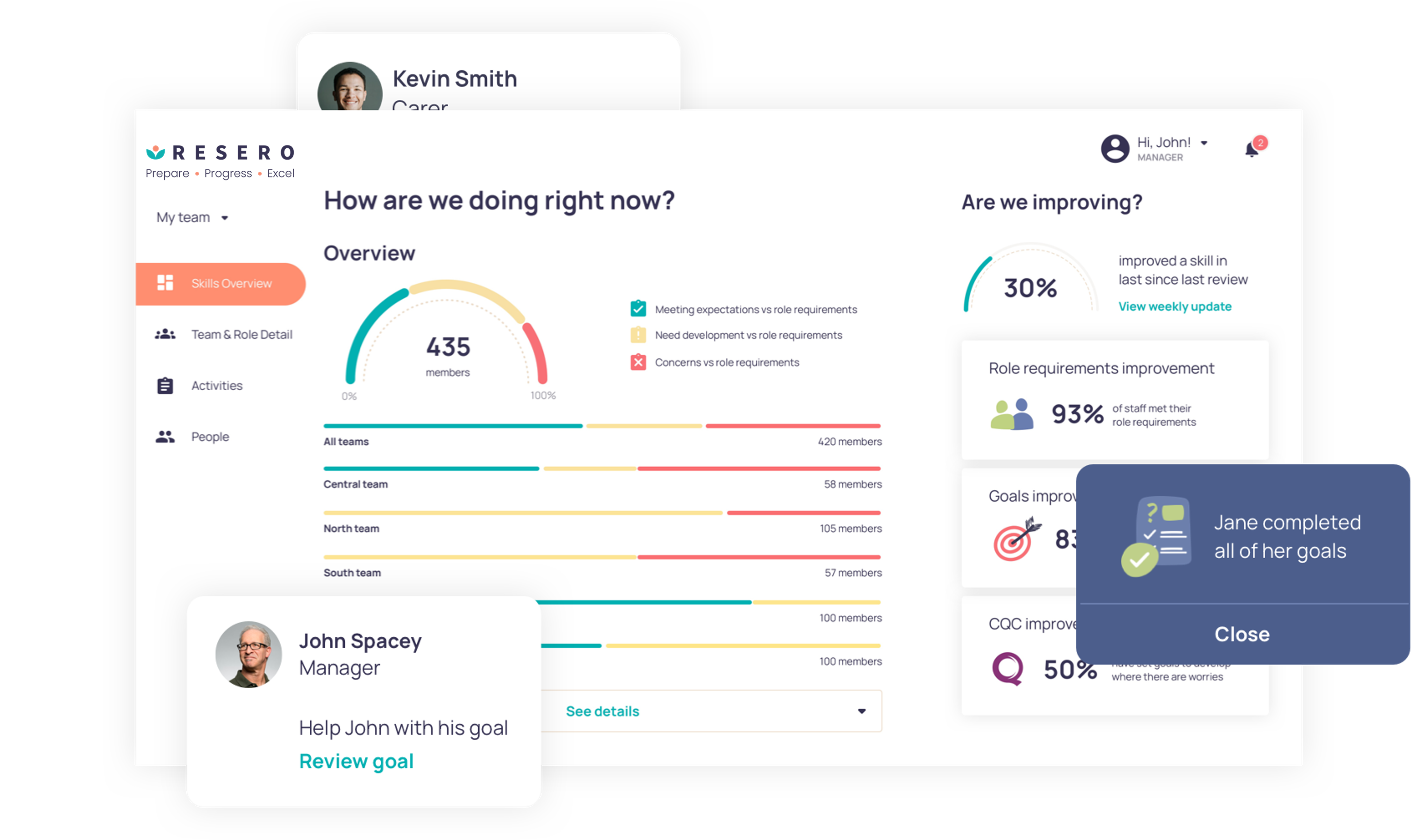 Resero manager dashboard — skills overview and team data